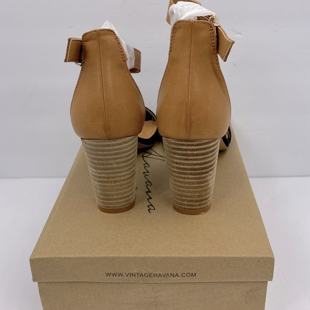 VINTAGE HAVANA, BLACK & TAN OPEN TOE MIDTOP, ADJUSTABLE ANKLE LOOP WITH BUCKLE - Picture 3 of 14